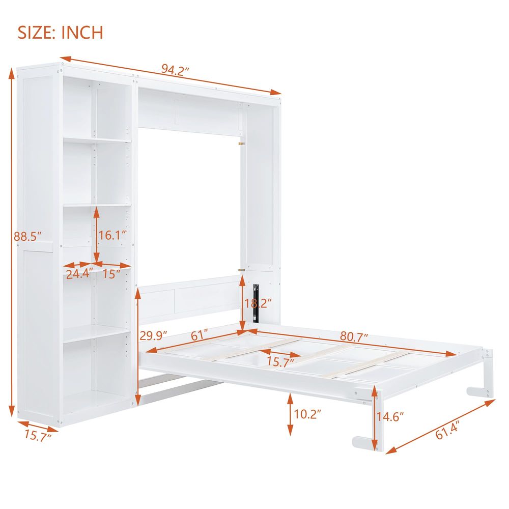 Bookcase Wood Shelf - Queen Murphy Bed with Storage Bookcase