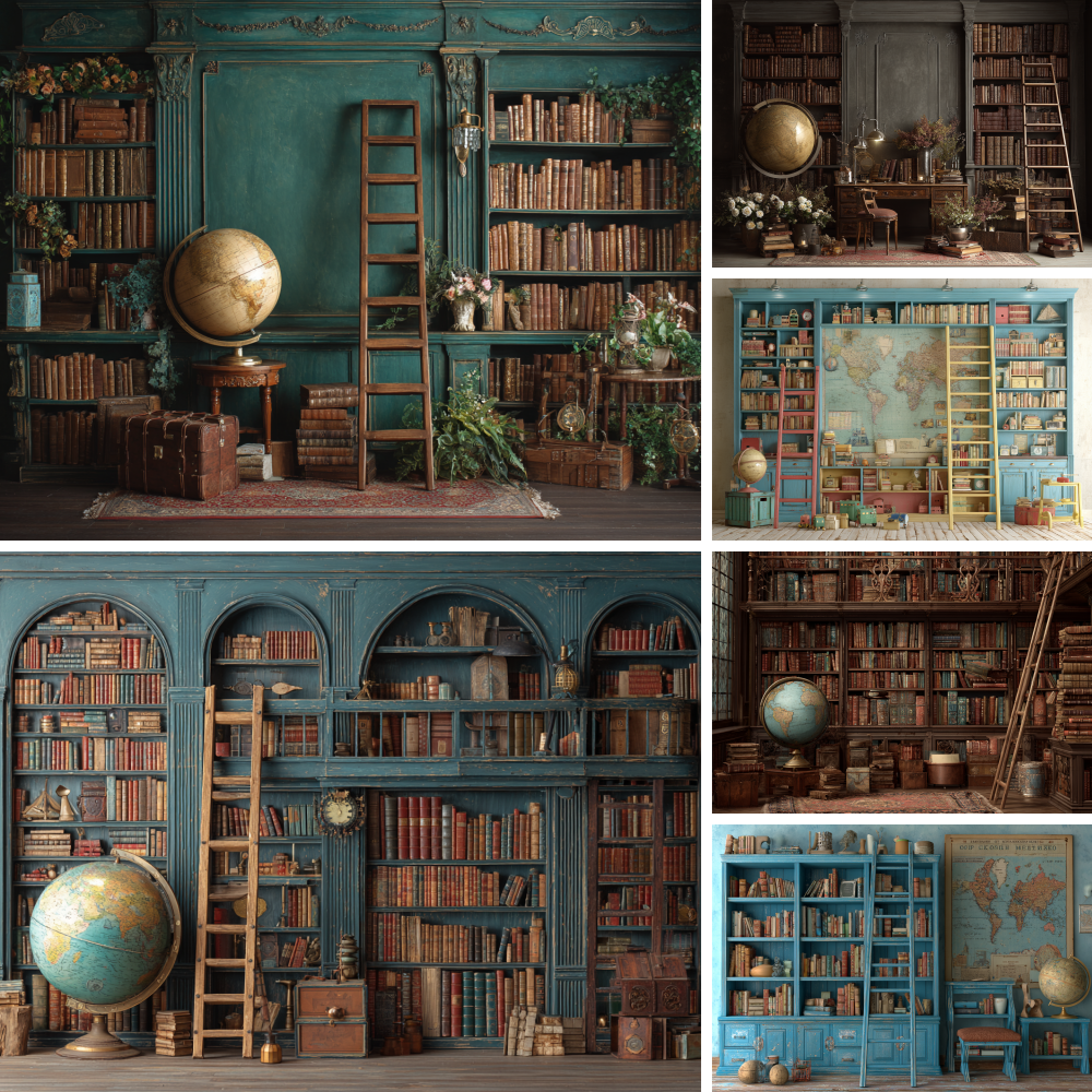 Home Office Backdrop - Back To School Photography Backdrop Bookshelf