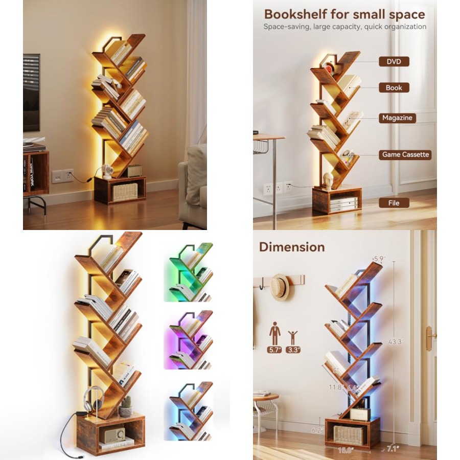 Tree Bookshelf with LED Lights - Bookcase Wood Shelf incelemesi ve fiyatı