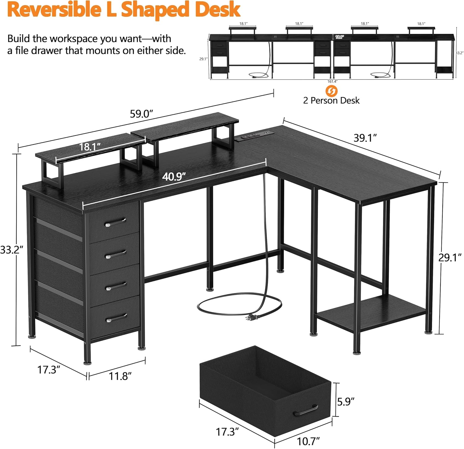 59 inch L Shaped Computer Desk - Home Office With Two Desks incelemesi ve fiyatı